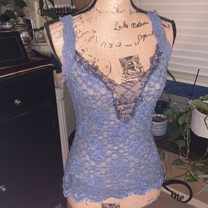 Ann Ferriday, one size, camisole top, blue lace overlay, tan liner